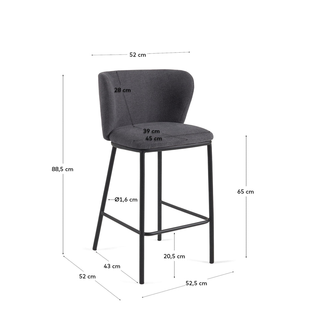 Sgabello Ciselia in ciniglia grigio scuro e gambe acciaio nero altezza 65 cm