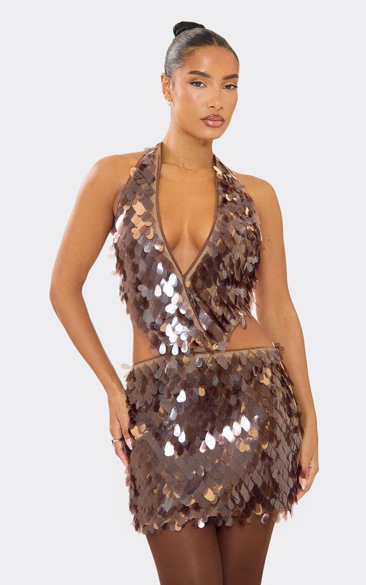 Extreme Plunge Cut Out Detail Mini Dress In Chocolate Brown Sequin | EGO US