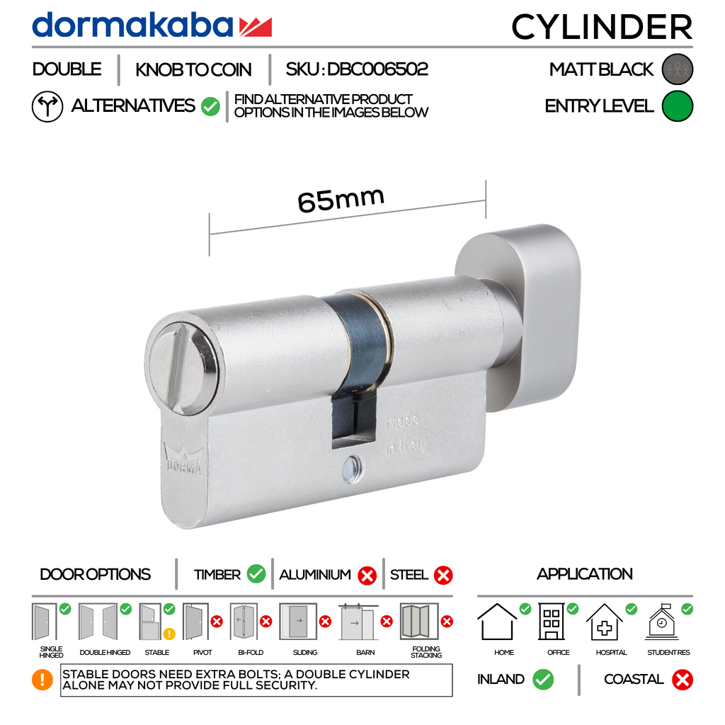 DBC006502 KD, 66mm - 32.5/32.5, Double Cylinder (Bathroom/Privacy/Emergency), Thumbturn to Coin, Matt Black, DORMAKABA