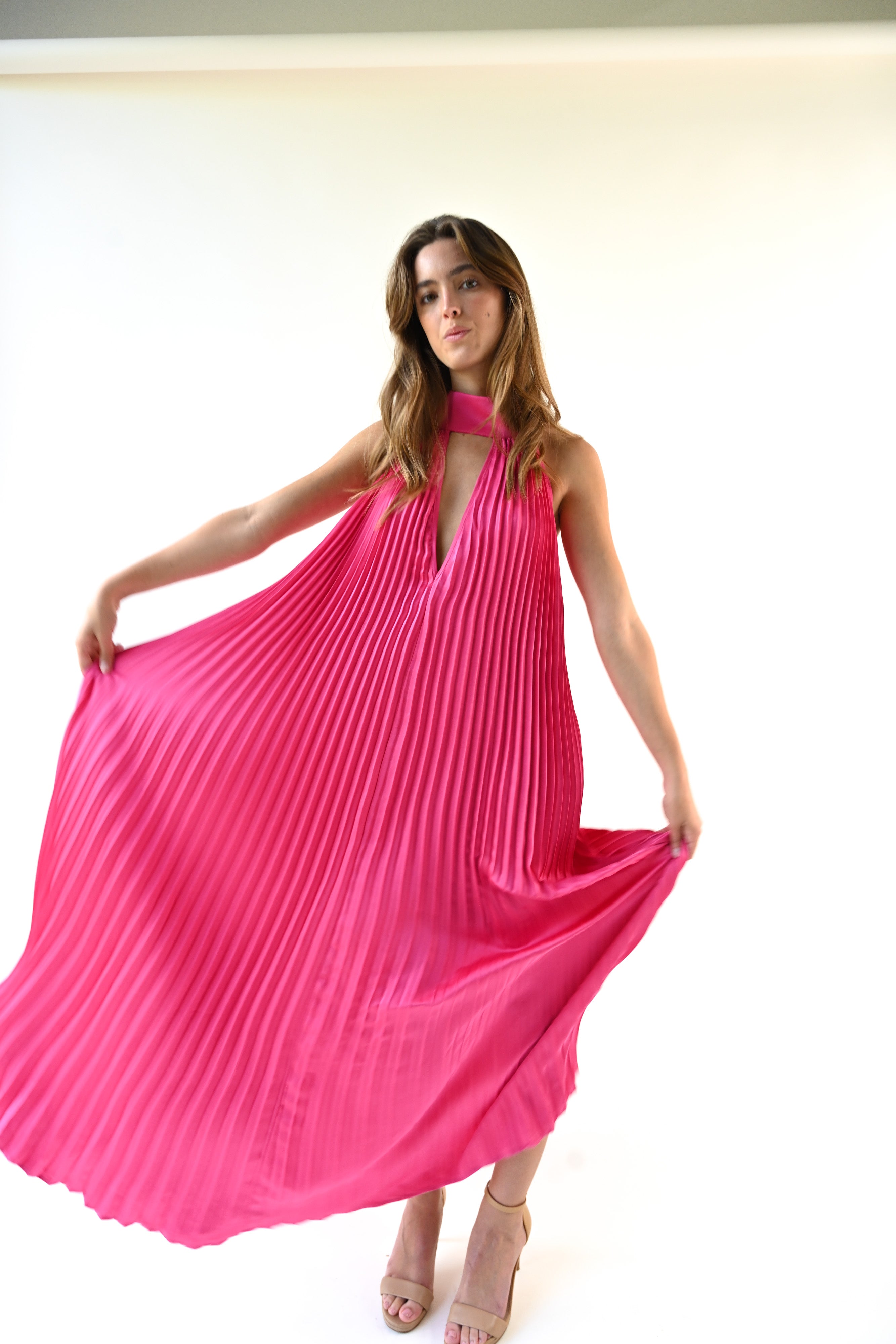 Yellow the Label Valley Pleated Dress Pink - Front View on Model