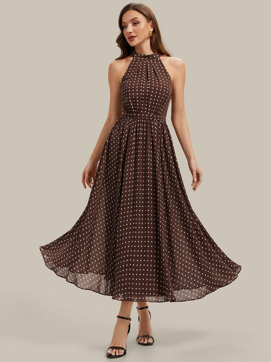 Pleated Chiffon Sleeveless Wedding Guest Dress #color_Brown Polka Dots