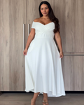 Belina Dress White – women's off-shoulder bridal maxi high-low dress by Twosisters The Label, front view