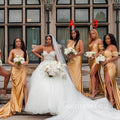 Mismatched Gold Satin Mermaid Side Slit Long Bridesmaid Dresses , GRB0003