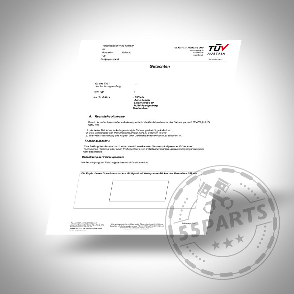 Ein TÜV-Austria-Zertifikat mit Gutachten und einem 55Parts-Wasserzeichen unten rechts, für 55Parts-Spezial: Gutachten + Etikett für Silikon-Ansaugschlauch passend für BMW M40I(X) G-Serie-Modelle (G20 G21 G22 G23 G26 G42 B58),.