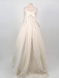 1950s Full Lace Wedding Gown with Watteau Train and Bows / Waist 26