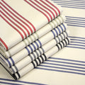 Tissu toile à matelas de coton LE TOUQUET écru aux rayures : bleu, rouge, noir, gris, sable - TissusPapi.com