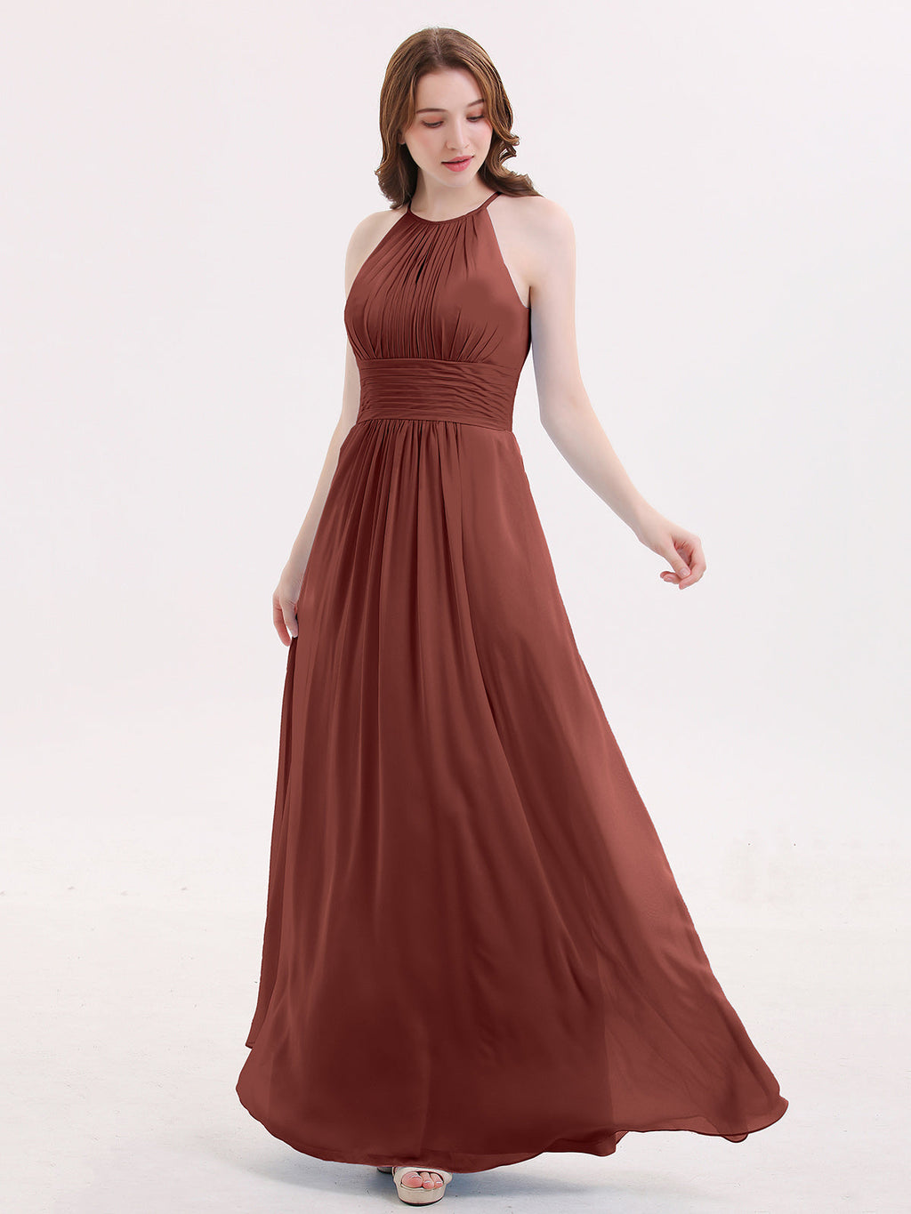Irene Cabestro Largo Gasa Vestido Con Cintura Plisada Terracota Tallas Grandes