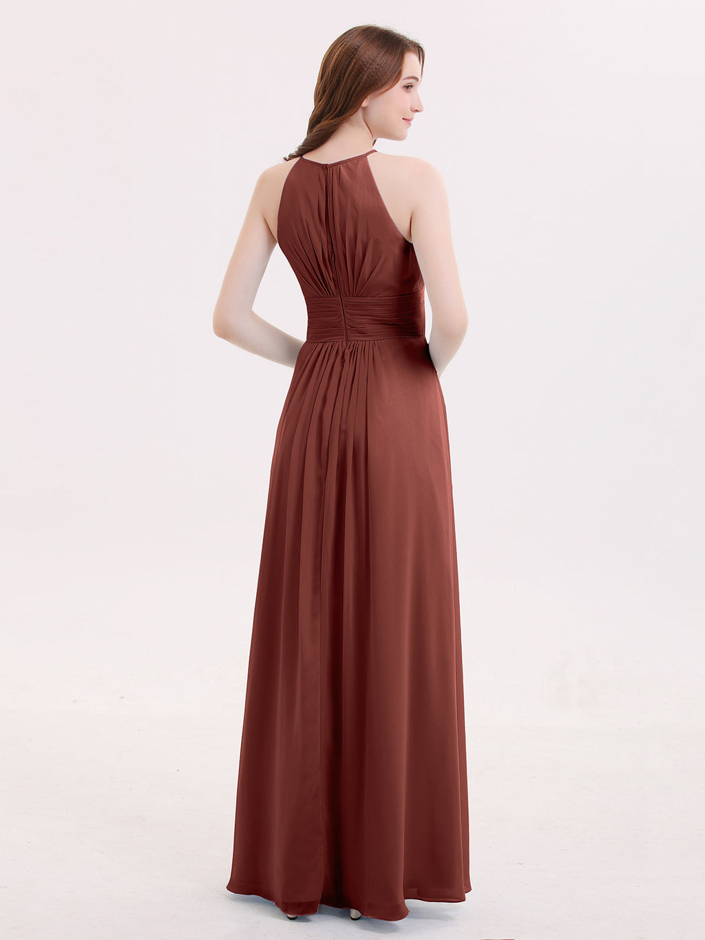 Irene Cabestro Largo Gasa Vestido Con Cintura Plisada Terracota Tallas Grandes