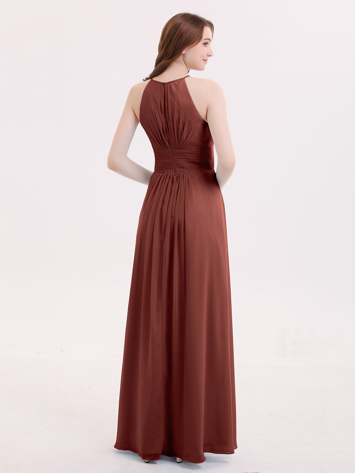 Irene Cabestro Largo Gasa Vestido Con Cintura Plisada Terracota Tallas Grandes