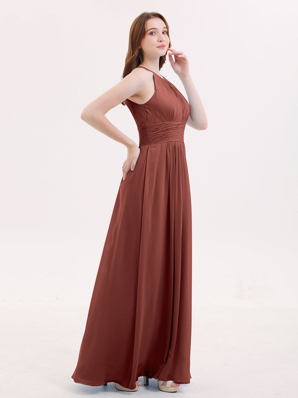 Irene Cabestro Largo Gasa Vestido Con Cintura Plisada Terracota Tallas Grandes