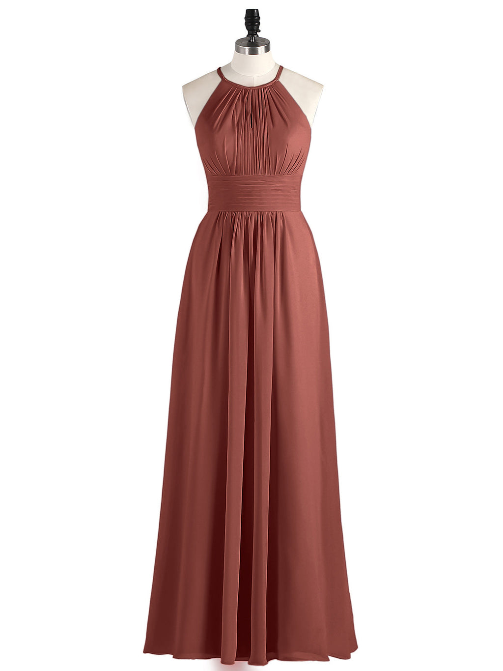 Irene Cabestro Largo Gasa Vestido Con Cintura Plisada Terracota Tallas Grandes