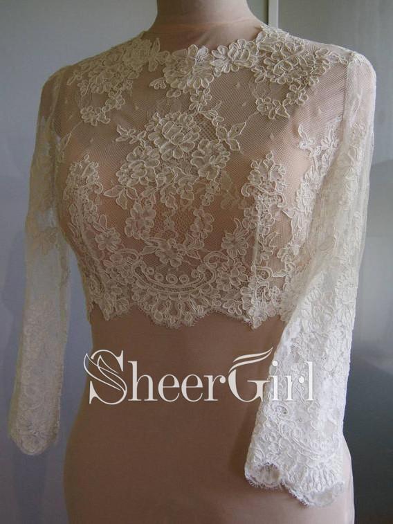 Ivory Lace Bridal Jackets with Sleeves Vintage Bridal Bolero Tops WJ0002-SheerGirl