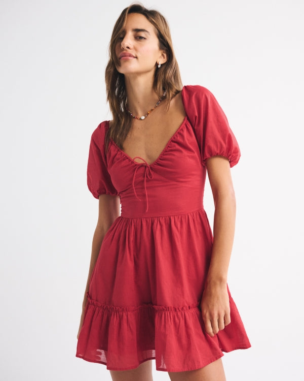 Puff Sleeve Tie-Front Mini Dress