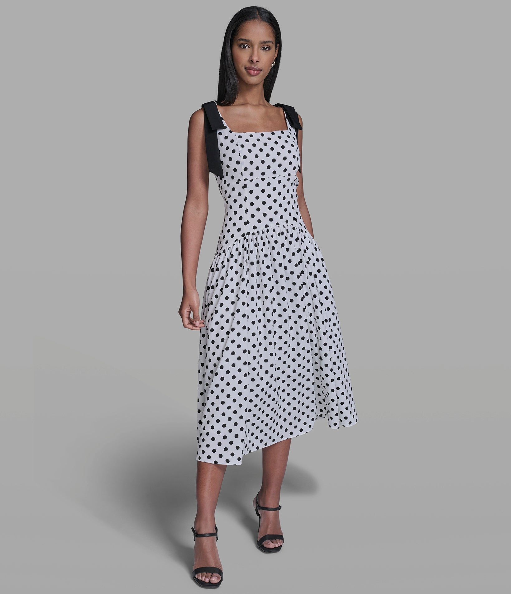BOW STRAP POLKA-DOT MIDI DRESS