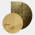 Aurargent Gold Textured Round Mirror 3D Wall Art by Giant Sculptures features two overlapping circles: a large, gold textured metallic back and a minimalistic gold-toned ceiling with pendant lights, all set against a plain white background.