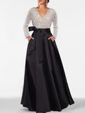 A-Line/Princess V-Neck Long Sleeves Floor-Length Black and Silver Mother of the Bride Dresses With Pocket & Sequins