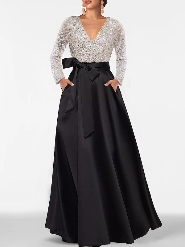 A-Line/Princess V-Neck Long Sleeves Floor-Length Black and Silver Mother of the Bride Dresses With Pocket & Sequins