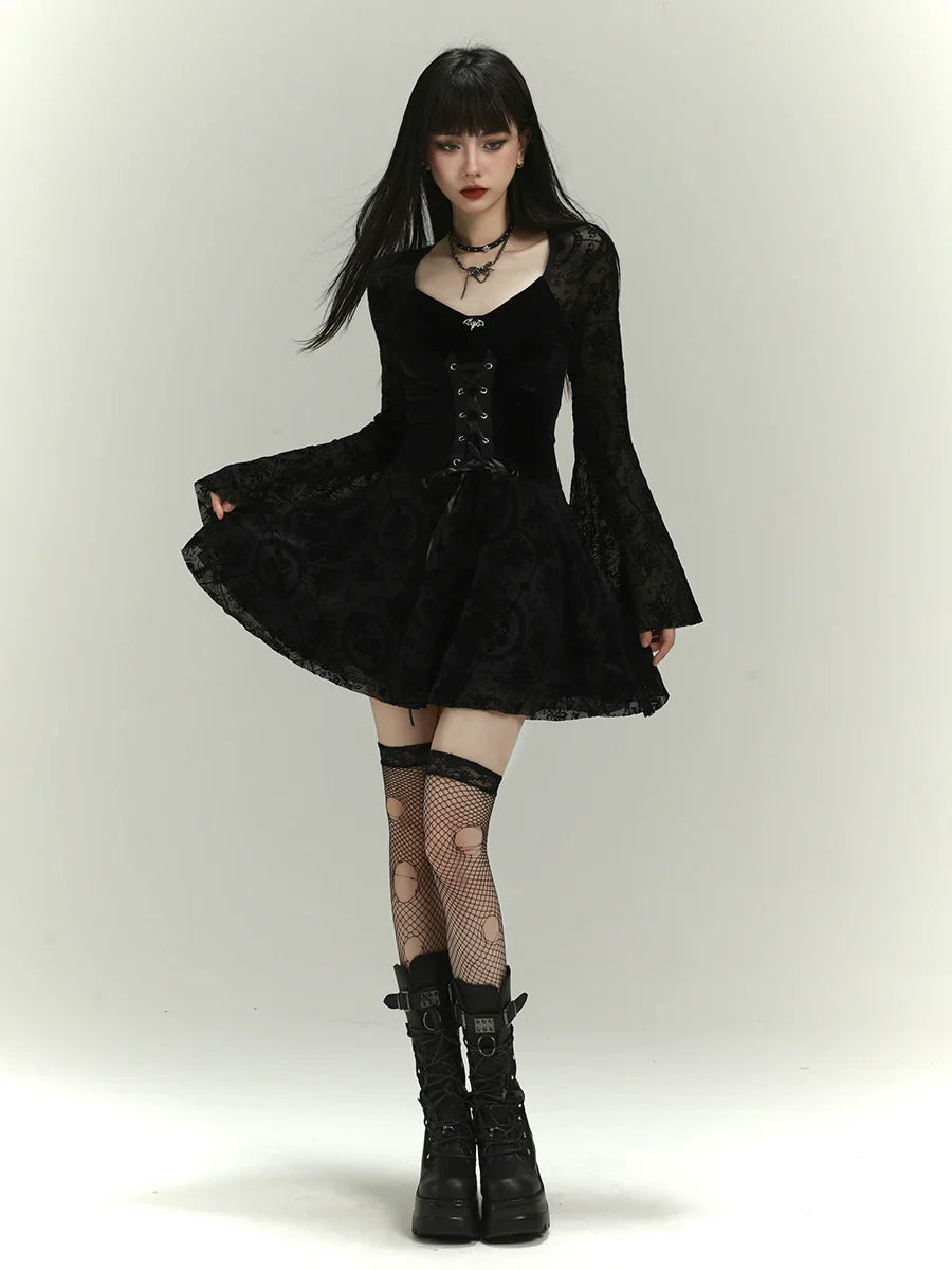 Black gothic lace mini dress with fitted silhouette