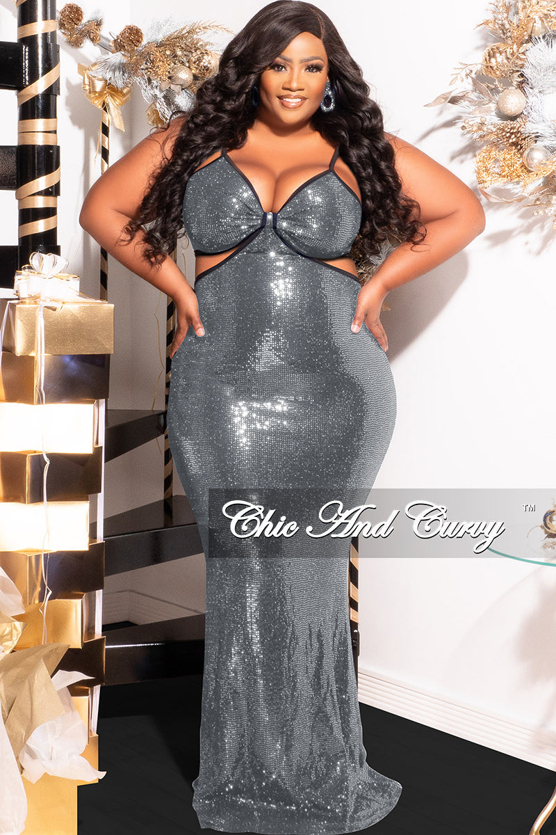 Final Sale Plus Size Spaghetti Strap Faux Sequin Gown with Cut Outs in Silver