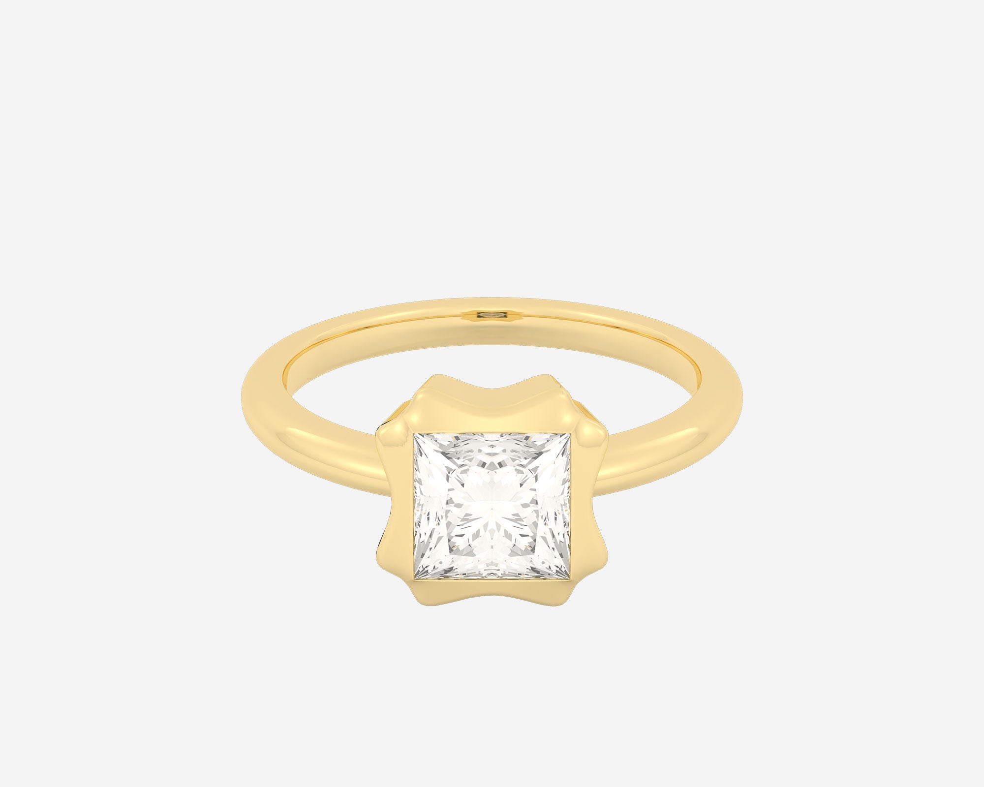 \ alt: Yellow gold engagement ring featuring a lab-grown princess-cut diamond in the Portrait Sculptural Bezel Solitaire design, handcrafted from recycled 14k yellow gold with a 2 mm band and mirror finish \ carat : 1.5 ct