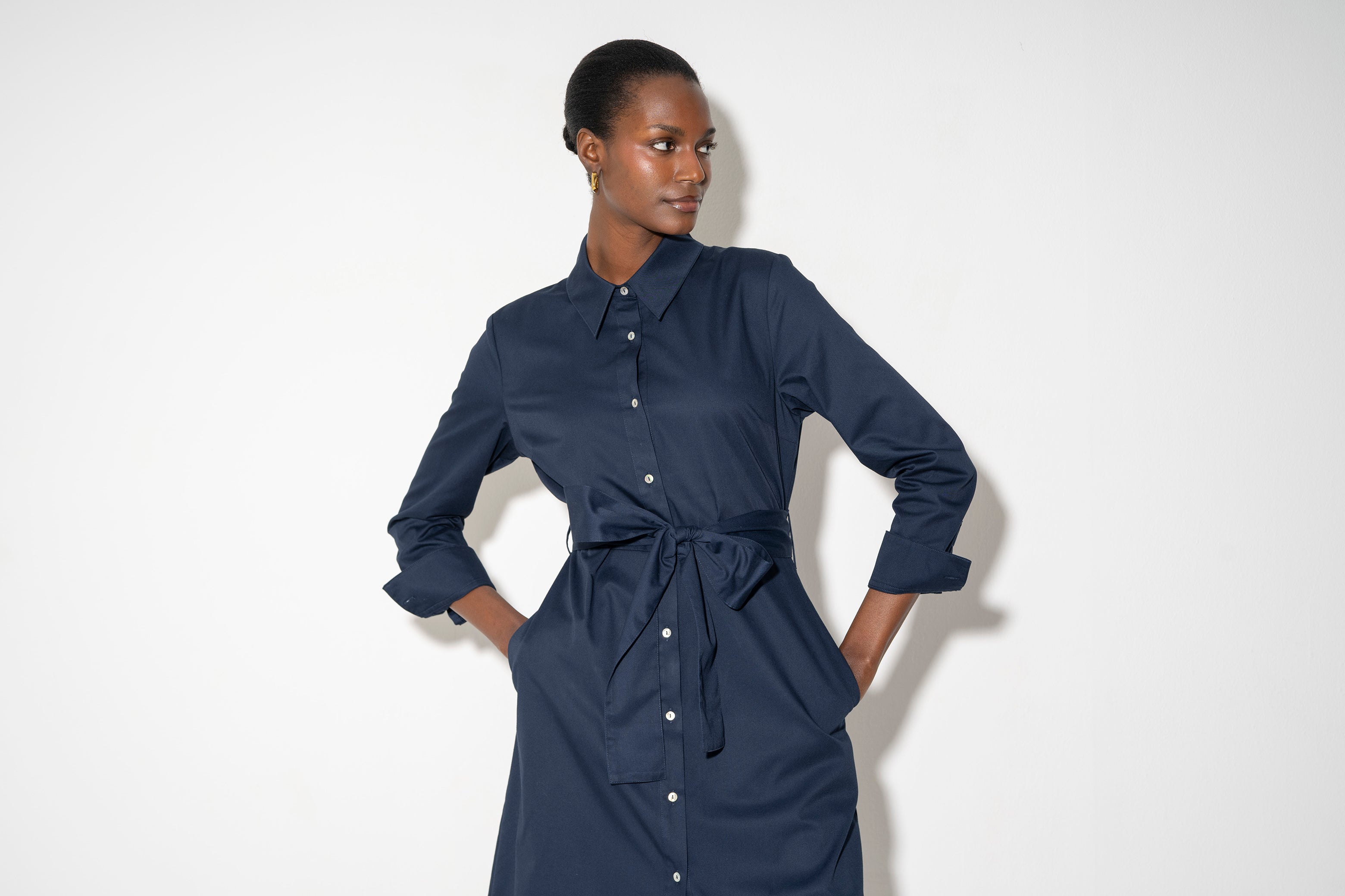 Ronnie Regular Fit Classic Midi Shirt Dress In Navy Cotton Chino