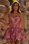 Sherri Hill 57367 prom dress images.  Sherri Hill 57367 is available in these colors: Navy Gunmetal Print, Ivory Print, Light Green Blush Print, Rose Gold Print, Ivory Pink Print, Green Coral Print, Pink Gold, Yellow Gold.