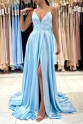 Simple Blue Satin A-line V-neck Long Prom Dresses, Party Dresses, MP785 | blue prom dresses | cheap prom dress | evening dresses | musebridals.com
