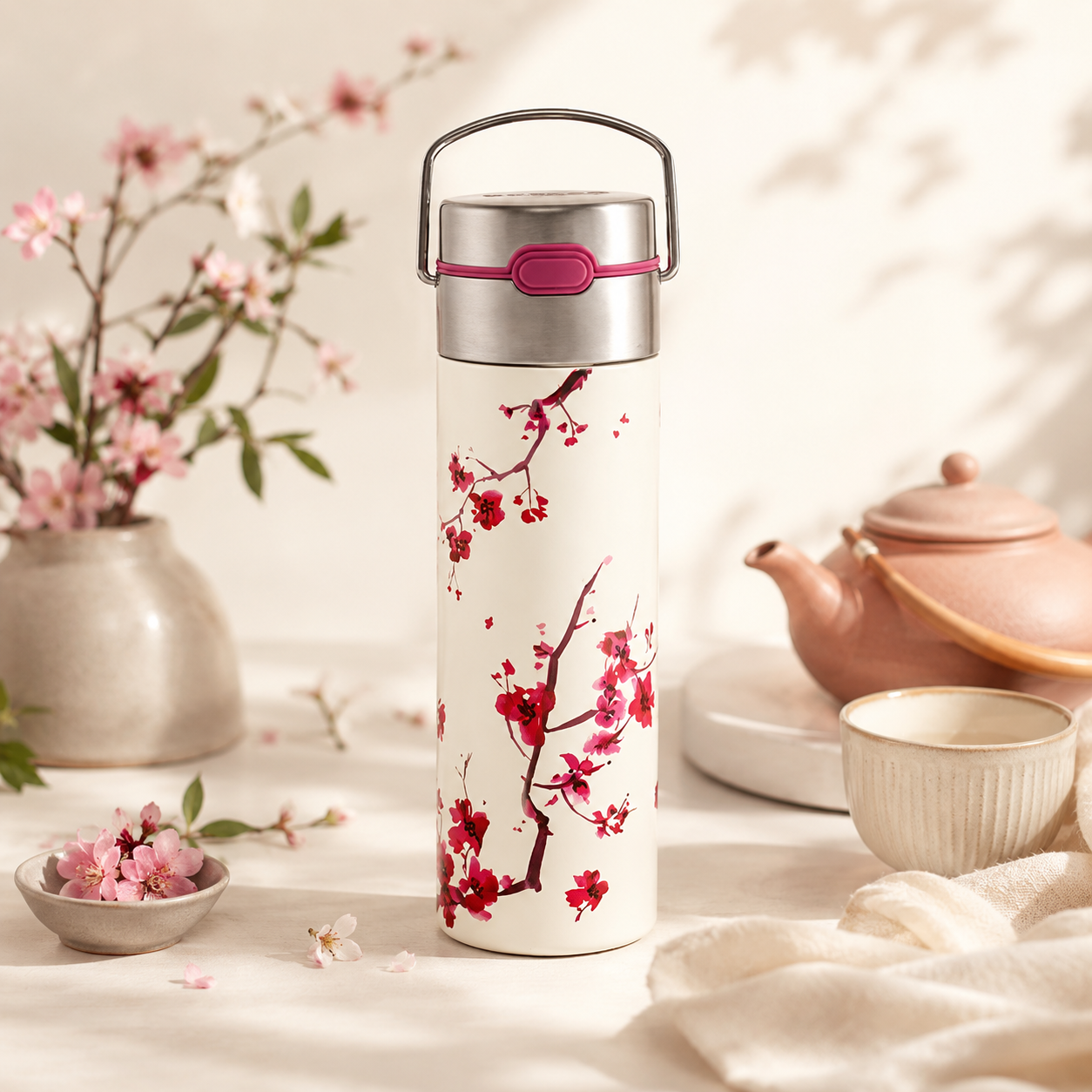 Bouteille isotherme infuseur Leeza Cherry Blossom 500 ml avec filtre inox pour préparer son thé chaud ou glacé partout