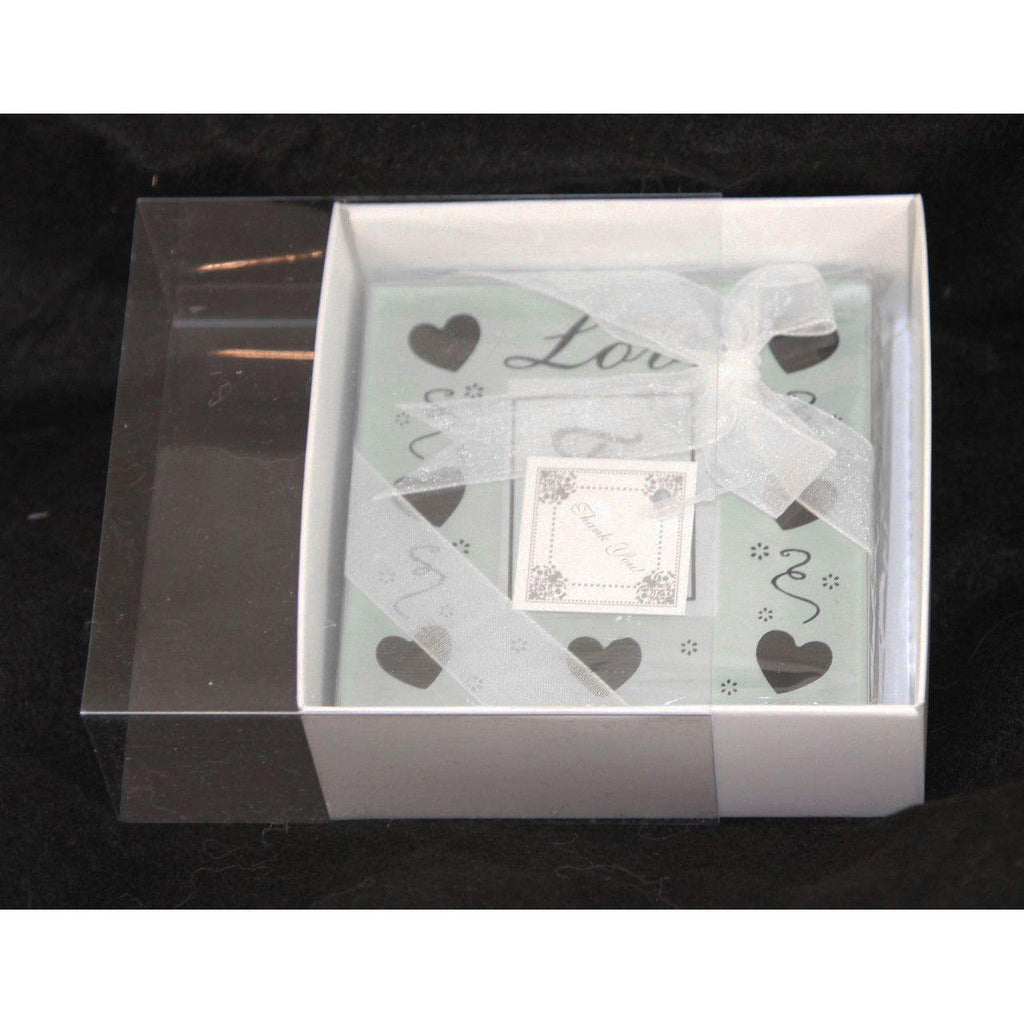 100 Pack of 8cm Square Wedding Invitation Coaster Favor Function product Presentation Cookie Biscuit Patisserie Gift Box - 2cm deep - White Card with Clear Slide On PVC Lid