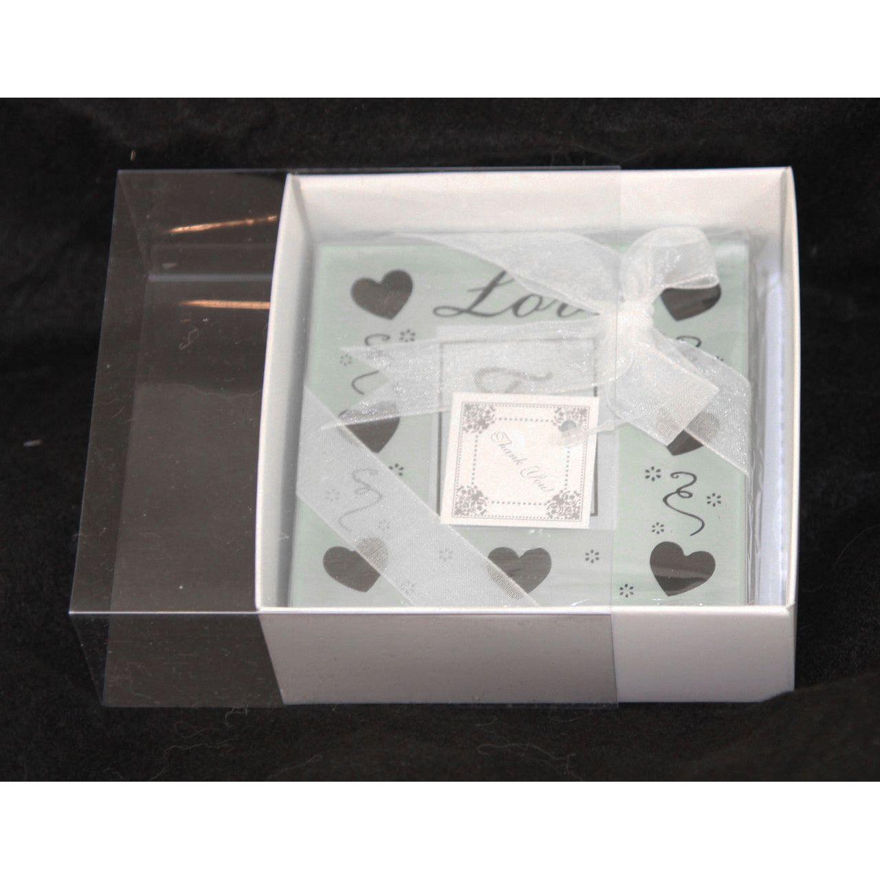 100 Pack of 8cm Square Wedding Invitation Coaster Favor Function product Presentation Cookie Biscuit Patisserie Gift Box - 2cm deep - White Card with Clear Slide On PVC Lid