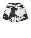 Black and white shorts with abstract pattern on a white background