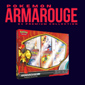 CardChasers MTL presents the Pokemon Armarouge Ex Premium Collection—a box featuring Fire-type Armarouge ex cards and exclusive promotional artwork, highlighted with bold red text on a dark background.