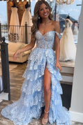 Cute A Line Off the Shoulder Blue Sequin Lace Long Prom Dresses VK23051903