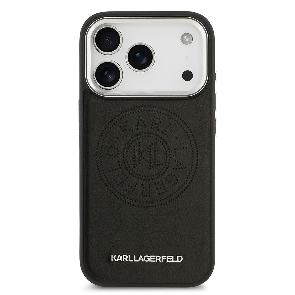 Apple iPhone 17 Pro Max Kılıf Karl Lagerfeld Orjinal Lisanslı M-safe Şarj Özellikli Delikli Tasarım Metal Logolu PU Deri Kapak Siyah