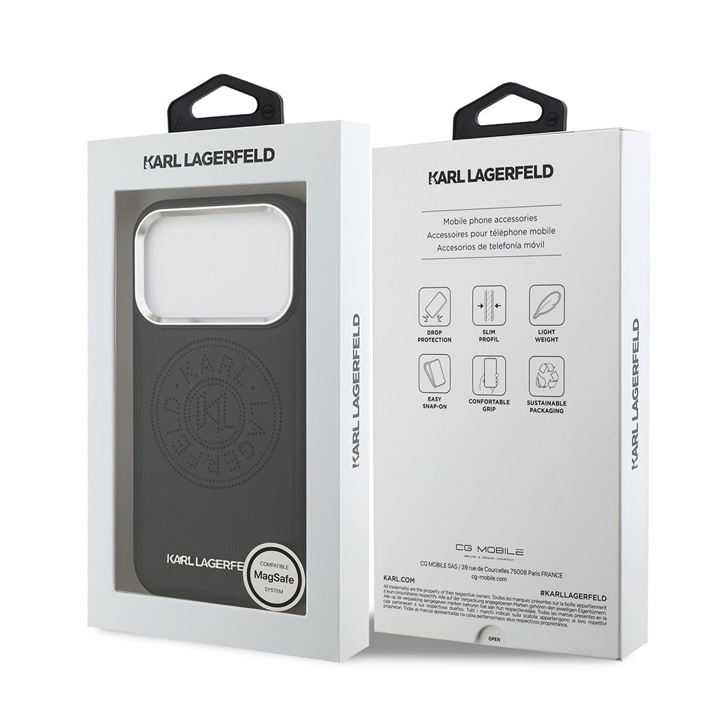 Apple iPhone 17 Pro Max Kılıf Karl Lagerfeld Orjinal Lisanslı M-safe Şarj Özellikli Delikli Tasarım Metal Logolu PU Deri Kapak Siyah