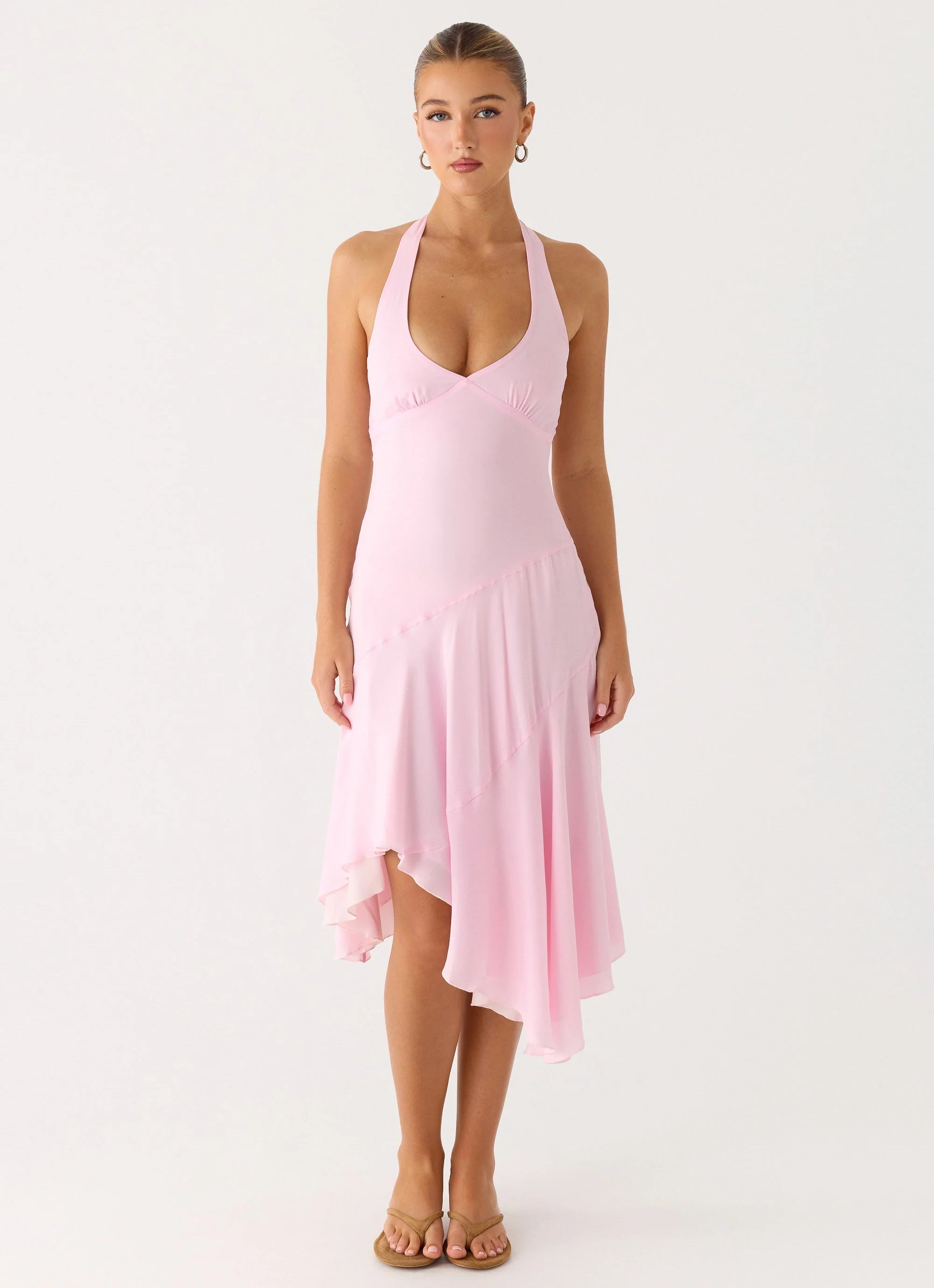 Faelie Halter Neck Asymmetrical Midi Dress - Pink