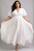 Plus Size Semi Formal Elegant White V Neck Puff Sleeve Short Sleeve Tulle Maxi Dress