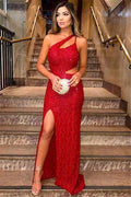 Chic Red One Shoulder Sleevesless Side Split Sequins Formal Dresses-Dbrbridal