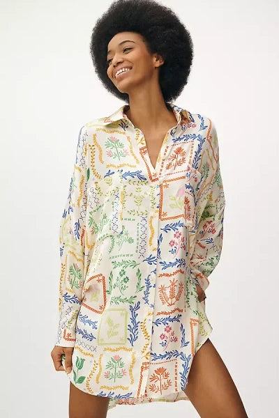 Corey Lynn Calter Long-sleeve Printed Mini Shirt Dress In White