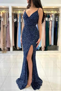 Dark Blue Glitter Long Mermaid Spaghetti Straps V-neck Prom Dresses With Slit-BIZTUNNEL