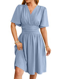Mocarra | Elegantes Kurzarm-Kleid mit V-Ausschnitt Mode mit Glockenärmeln
