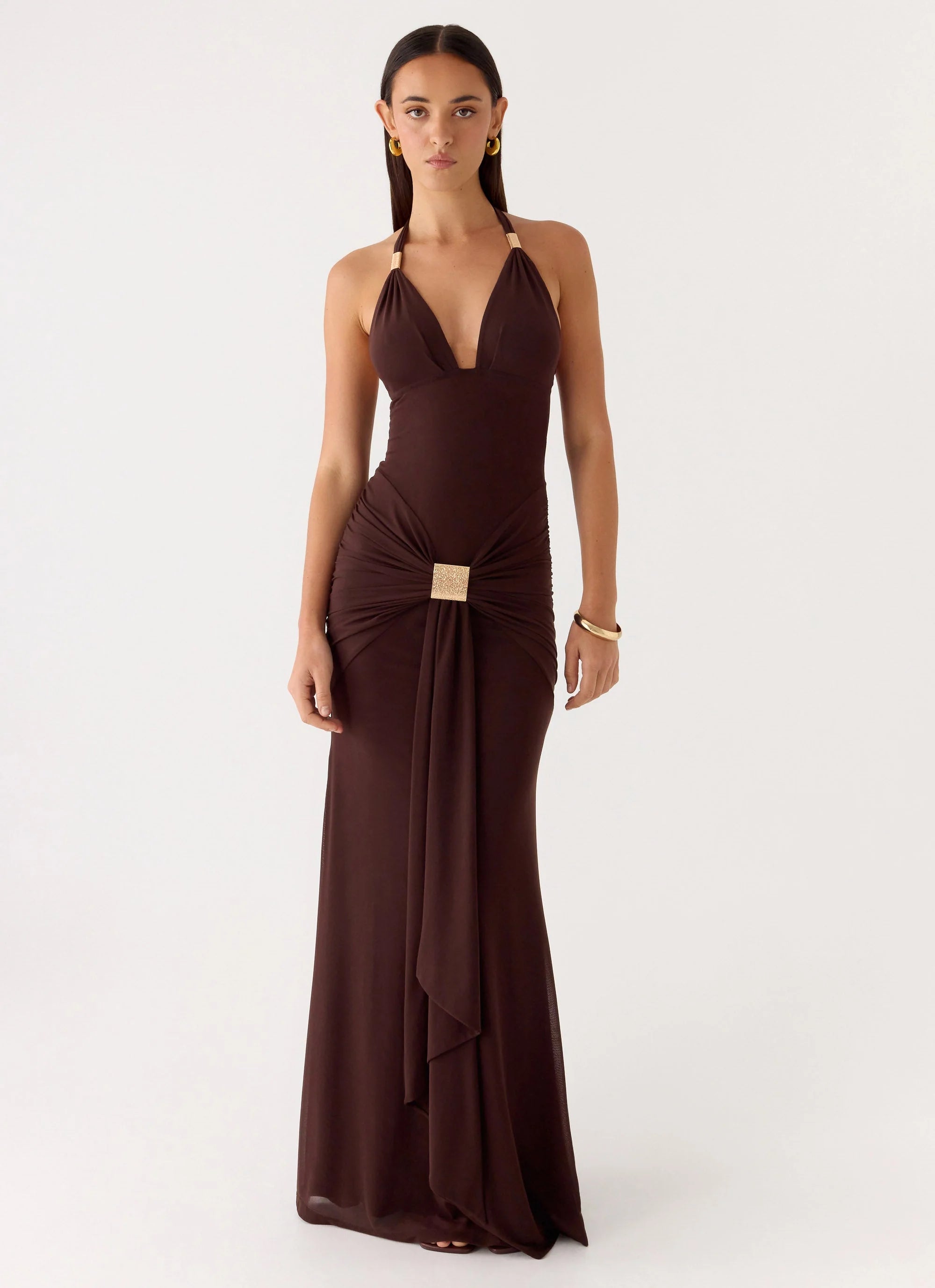 Miyah Halter Hardware Maxi Dress - Chocolate