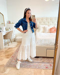 Style White Maxi Dress With Denim Jacket White Dress Jean Jacket To Wear  With Dress White
