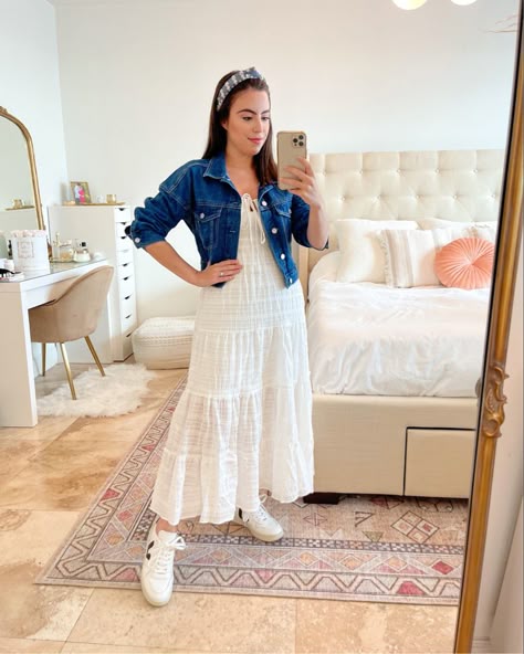 Style White Maxi Dress With Denim Jacket White Dress Jean Jacket To Wear  With Dress White