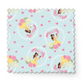Princess Belle pattern with yellow dress, "Belle" text, hearts, and flowers on light blue background fabric swatch mockup