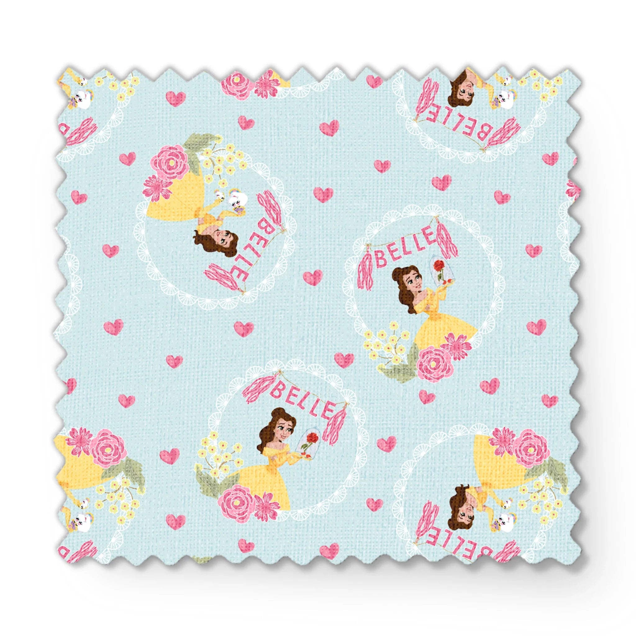 Princess Belle pattern with yellow dress, "Belle" text, hearts, and flowers on light blue background fabric swatch mockup