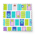 Colorful cartoon monster doors pattern inspired by Monsters Inc. with teal, purple, and green doors fabric swatch mockup