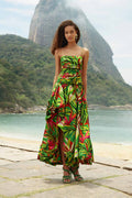 FARM Rio model wearing the Green Tropical Dream Draped Organic Cotton Maxi Dress