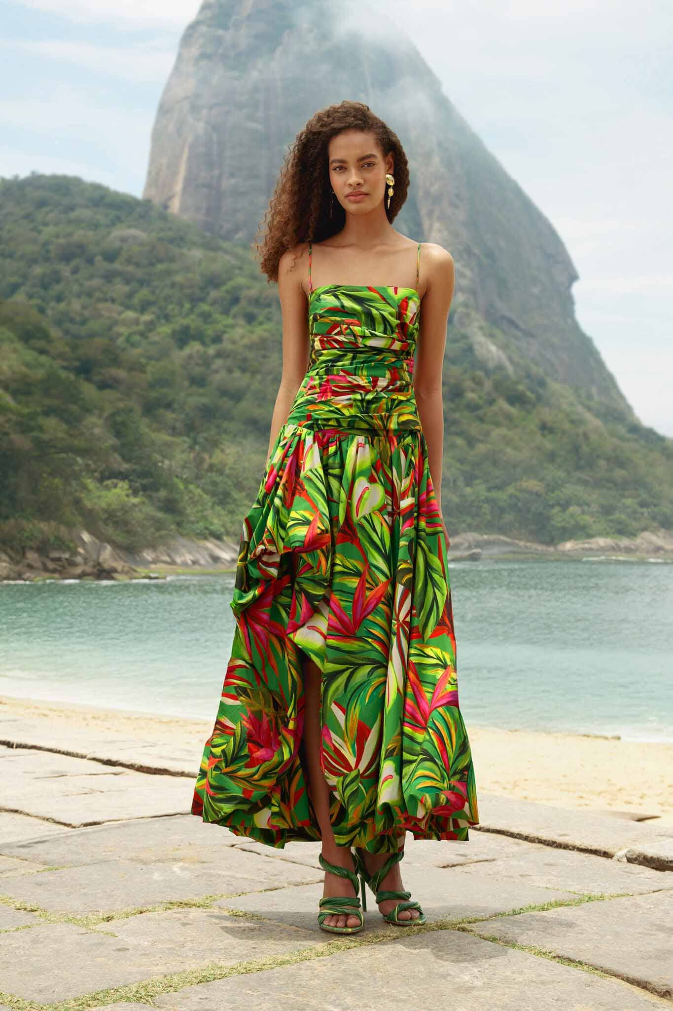 FARM Rio model wearing the Green Tropical Dream Draped Organic Cotton Maxi Dress
