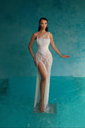 Side Slit White Pearl Dress with Asymmetrical Corset